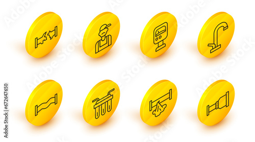 Set line Pipe adapter, Broken pipe, Water filter, Industry metallic, tap, Pressure water meter, Plumber and icon. Vector