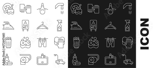 Set line Lawn mower, Cleaning service, spray bottle, Kitchen apron, Wet floor, Electric iron, Washing dishes and Hanger wardrobe icon. Vector