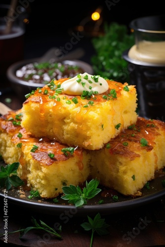 Baked corn bread with cheddar, close-up
