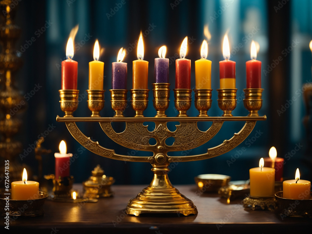 Hanukkah with gleaming golden burning candles Hanukkah with gleaming golden burning candles