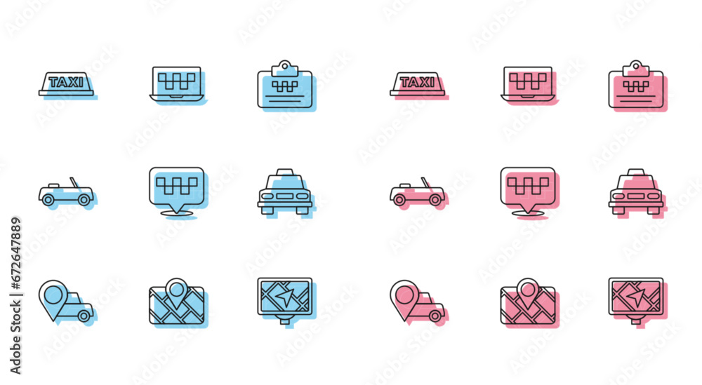 Set line Location with taxi, Gps device map, Taxi car roof, Car and Laptop call service icon. Vector Set line Location with taxi, Gps device map, Taxi car roof, Car and Laptop call service icon. Vector