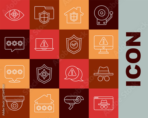 Set line Browser incognito window, Incognito mode, Monitor with exclamation mark, House under protection, Laptop, Password, Eye scan and Shield check icon. Vector