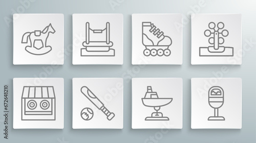 Set line Shooting gallery, Bungee, Baseball bat with ball, Swing boat, Trash can, Roller skate, Ferris wheel and Horse saddle swing icon. Vector