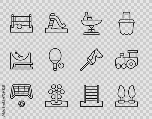Set line Soccer goal with ball, Forest, Swing boat, Ferris wheel, Volleyball net, Racket and, Swedish wall and Toy train icon. Vector