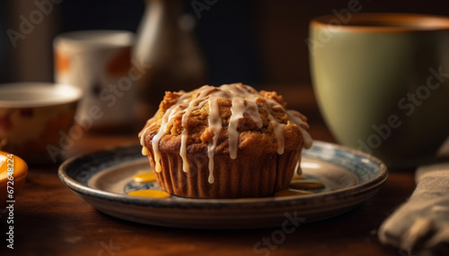 A homemade gourmet muffin and coffee on a rustic table generated by AI
