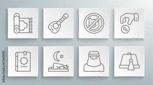 Set line Holy book of Koran, Lute, Muslim man prays, woman in niqab, Turkish hat, No pig, Donate pay your zakat and Traditional carpet icon. Vector