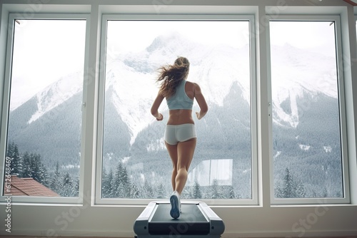 A beautiful muscular Woman, running on a treadmill, beautiful mountains outside the window, a winter forest. The concept of health, sports.