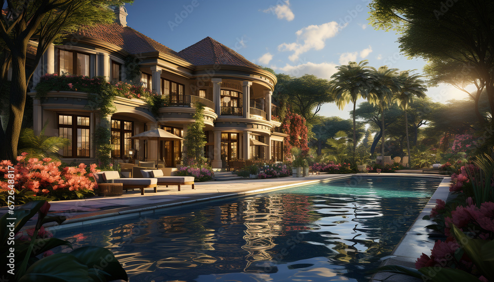 Luxury villa, palm trees, poolside, sunset, relaxation generated by AI