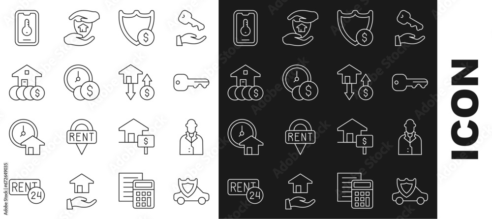 Set line Car with shield, Realtor, House key, Shield dollar, Time is money, Online real estate and icon. Vector Set line Car with shield, Realtor, House key, Shield dollar, Time is money, Online real estate and icon. Vector