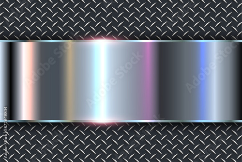 Metallic silver background with opalescent pearl colors, chrome metal background with diamond plate pattern texture.
