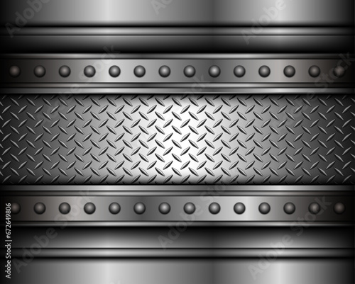 Background silver metallic, 3d chrome vector design with diamond plate sheet metal texture.