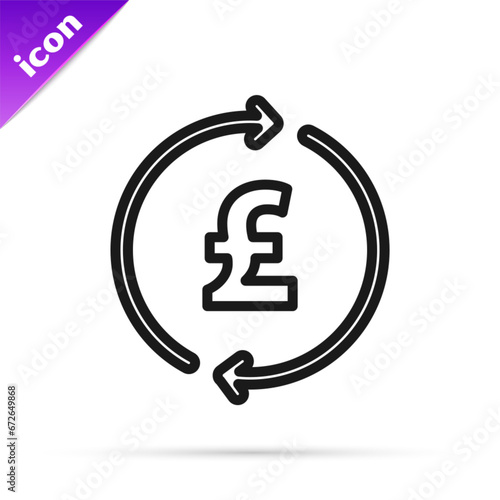 Black line Coin money with pound sterling symbol icon isolated on white background. Banking currency sign. Cash symbol. Vector