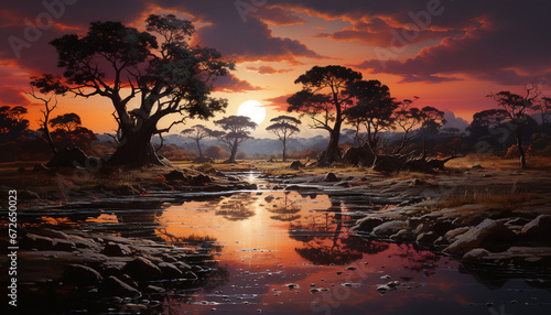 Sunset over African savannah, reflecting beauty in tranquil nature generated by AI