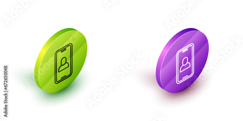 Isometric line Video chat conference icon isolated on white background. Online meeting work form home. Remote project management. Green and purple circle buttons. Vector