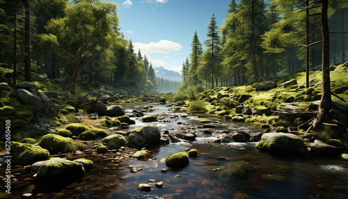 Tranquil scene of a mountain peak reflecting in flowing water generated by AI