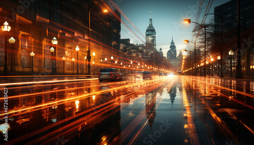 Night illuminates famous cityscape, traffic blurs in architectural motion generated by AI