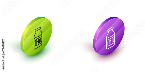 Isometric line Closed glass bottle with milk icon isolated on white background. Green and purple circle buttons. Vector