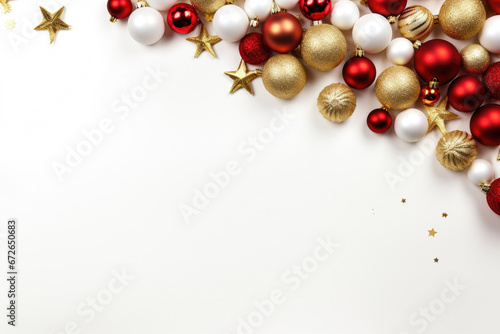 Gold, white and red christmas ornaments on white background. Copy/blank space for text.