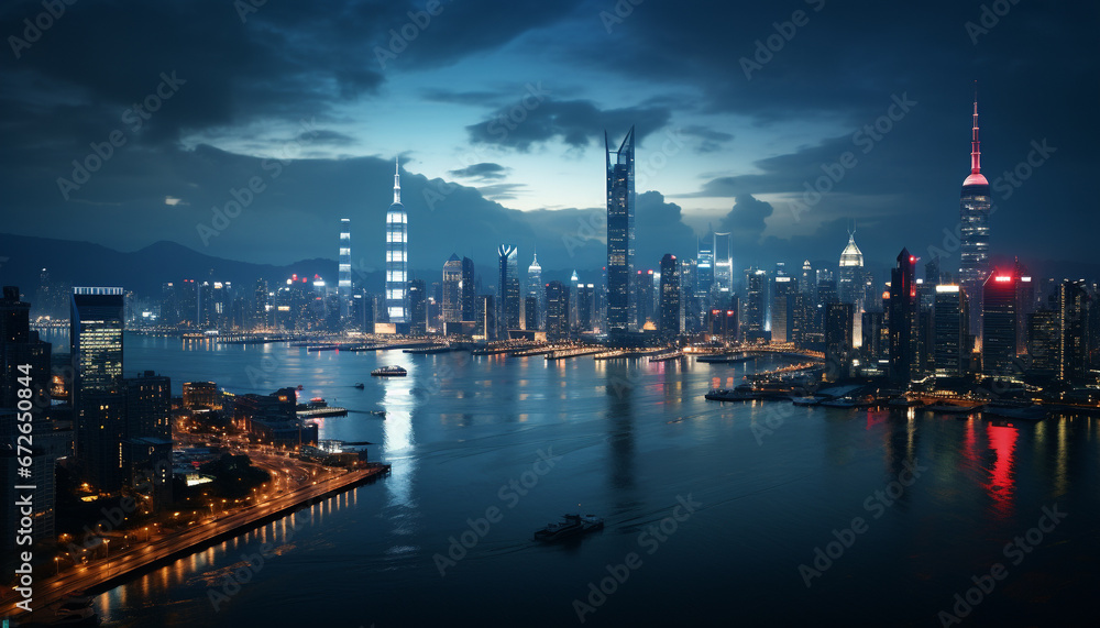 Fototapeta premium Night illuminates urban skyline, a modern cityscape reflecting financial district generated by AI