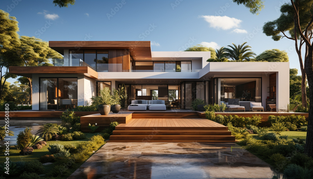 Modern luxury home with swimming pool and palm trees generated by AI