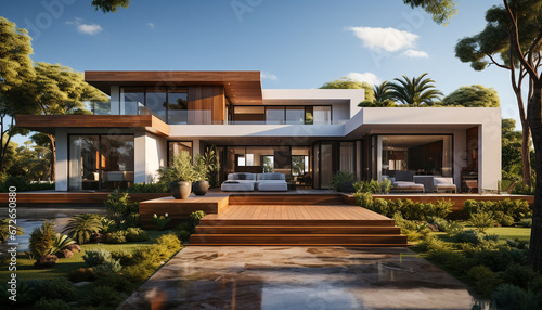 Modern luxury home with swimming pool and palm trees generated by AI © djvstock