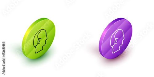 Isometric line Baldness icon isolated on white background. Alopecia. Green and purple circle buttons. Vector