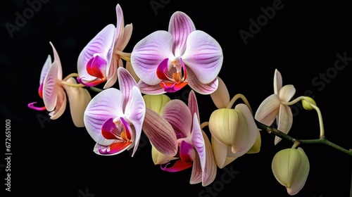 Phalaenopsis orchids on a black background close up. Mother's day concept with a space for a text. Valentine day concept with a copy space.
