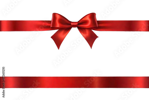 Red bow ribbon Horizontal isolated on transparent background. Design elements for greeting card, invitation, advertising. Realistic ribbon. Merry Christmas, Birthday, Valentines Day celebration