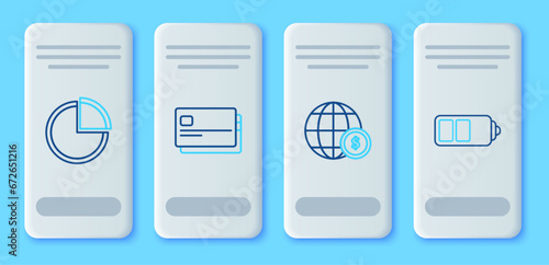 Set line Credit card, Earth globe with dollar symbol, Pie chart infographic and Battery charge level indicator icon. Vector
