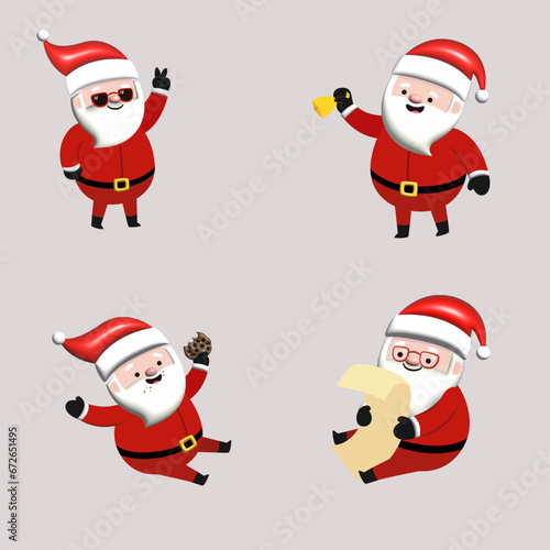Set of cartoon Christmas illustrations isolated on grey. Funny happy Santa Claus character with gifts, bag with presents, waving, and greeting. vector several friendly characters of Santa Claus