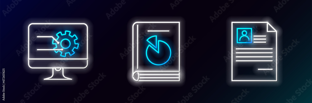 Set line Resume, Computer monitor with graph chart and User manual icon. Glowing neon. Vector Set line Resume, Computer monitor with graph chart and User manual icon. Glowing neon. Vector