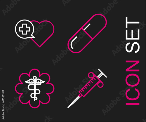 Set line Syringe, Emergency star medical symbol Caduceus snake with stick, Medicine pill or tablet and Heart cross icon. Vector