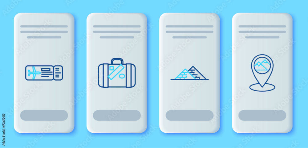 Set line Suitcase for travel and stickers, Egypt pyramids, Airline ticket and Map pointer with mountain icon. Vector