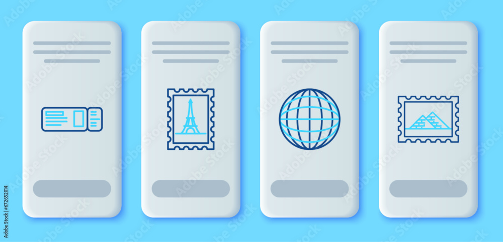 Set line Postal stamp and Eiffel tower, Earth globe, Travel ticket and Egypt pyramids icon. Vector - obrazy, fototapety, plakaty 