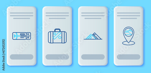 Set line Suitcase for travel and stickers, Egypt pyramids, Airline ticket and Map pointer with mountain icon. Vector