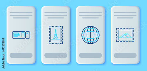 Set line Postal stamp and Eiffel tower, Earth globe, Travel ticket and Egypt pyramids icon. Vector