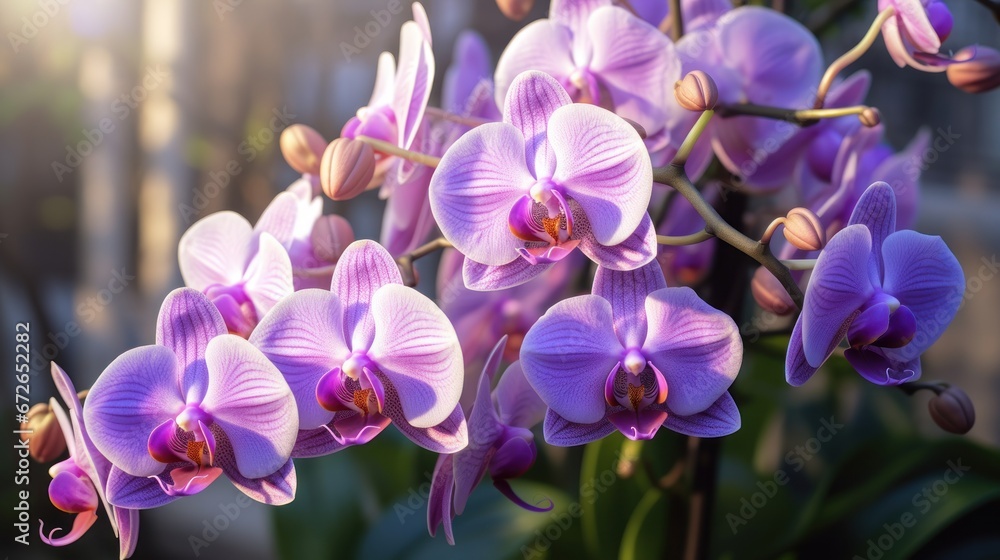 Beautiful orchid flowers in the garden, Phalaenopsis. Mother's day concept with a space for a text. Valentine day concept with a copy space. - obrazy, fototapety, plakaty 