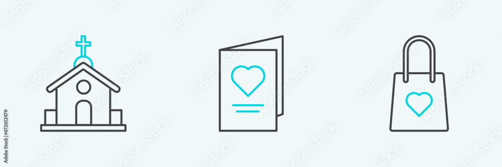 Set line Shopping bag with heart, Church building and Valentines day party flyer icon. Vector Set line Shopping bag with heart, Church building and Valentines day party flyer icon. Vector