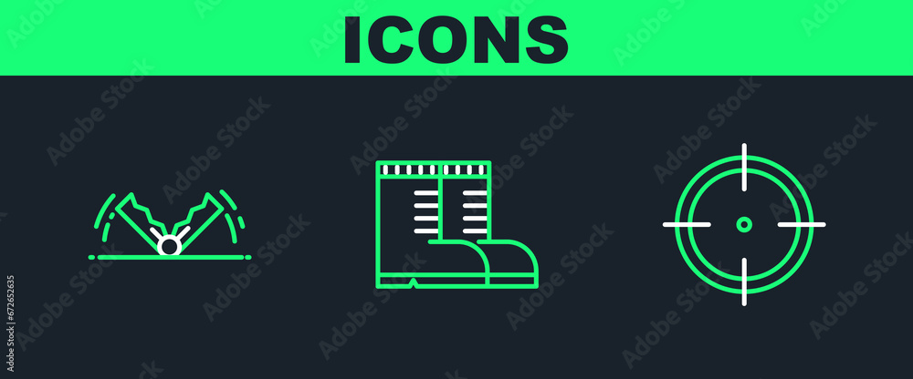 Set line Target sport for shooting competition, Trap hunting and Hunter boots icon. Vector Set line Target sport for shooting competition, Trap hunting and Hunter boots icon. Vector