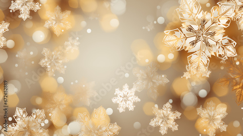 Złote świąteczne zimowe tło na baner, tapetę lub życzenia świąteczne na Boże Narodzenie. Zimowe śnieżynki, płatki śniegu.