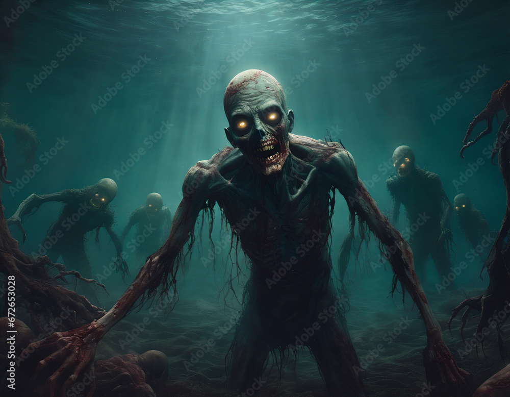 A crowd of zombies underwater in the sea