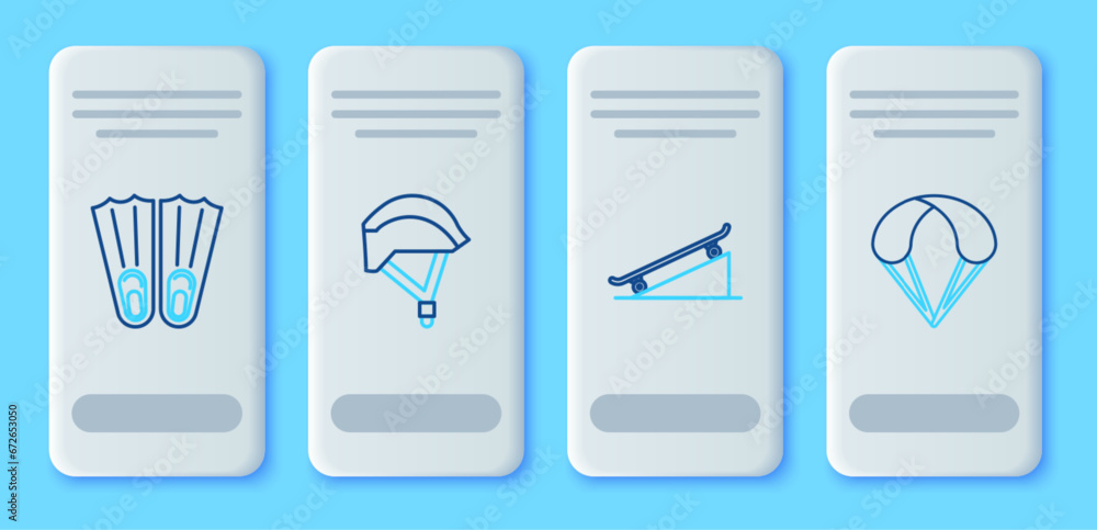Set line Bicycle helmet, Skateboard on street ramp, Rubber flippers for swimming and Parachute icon. Vector
