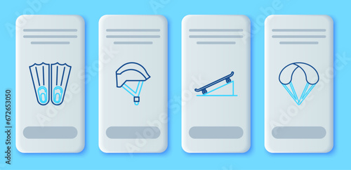 Set line Bicycle helmet, Skateboard on street ramp, Rubber flippers for swimming and Parachute icon. Vector
