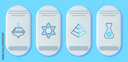 Set line Star of David, Egypt pyramids, Hanukkah dreidel and Jewish money bag with star david icon. Vector