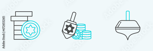 Set line Hanukkah dreidel, Jewish coin and and icon. Vector