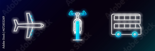 Set line Double decker bus, Plane and Bicycle icon. Glowing neon. Vector