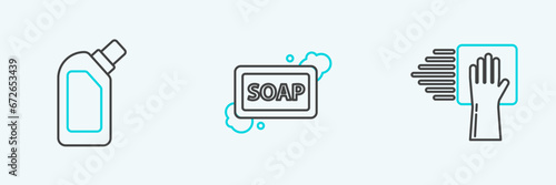 Set line Cleaning service, Plastic bottles for liquid dishwashing liquid and Bar of soap with foam icon. Vector
