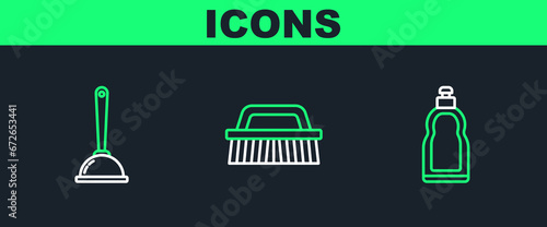 Set line Plastic bottles for liquid dishwashing liquid, Toilet plunger and Brush cleaning icon. Vector