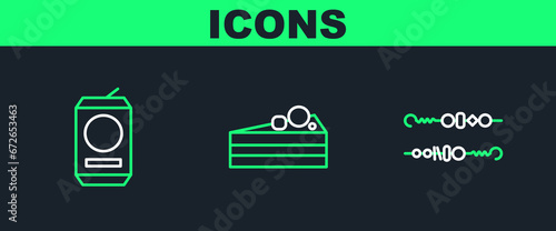 Set line Grilled shish kebab, Beer can and Cake icon. Vector