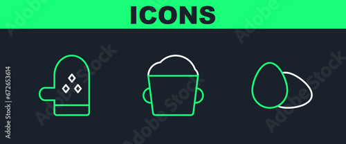 Set line Chicken egg, Oven glove and Bakery bowl dough icon. Vector